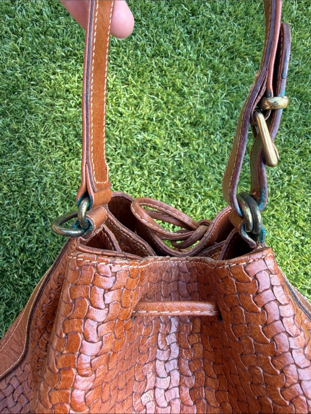 Furla Woven Brown Leather Drawstring Shoulder Bag - Picture 3 of 8